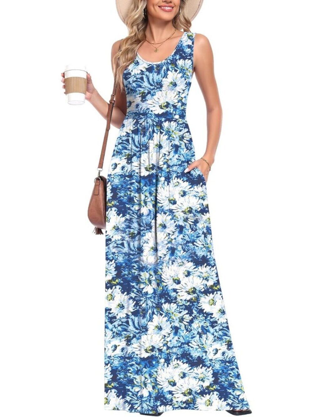Women's Blue White Chrysanthemum Sleeveless Stylish Beach Vacation Maxi Dress - Picture 2 of 5